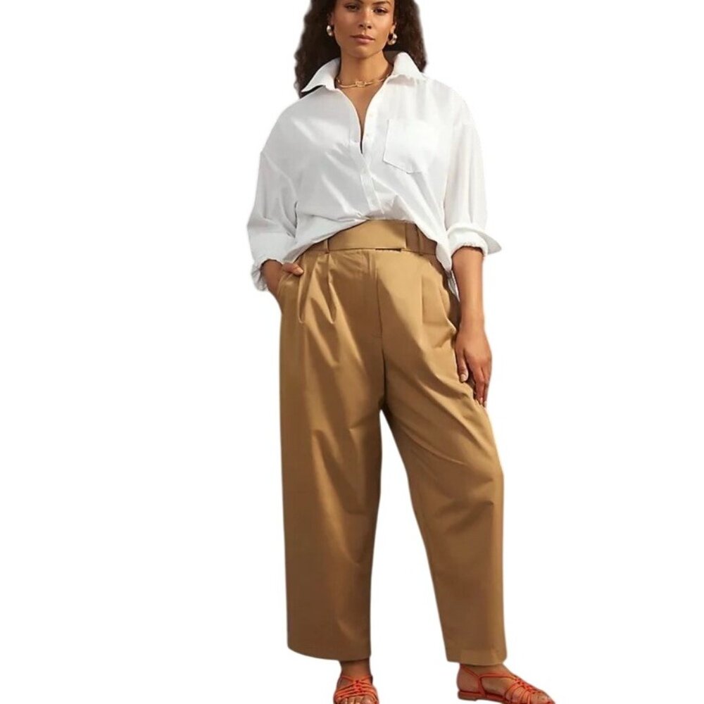 Exquise Anthropologie Women’s XL Barrel Leg Chino Pleated Cotton Brown Pants